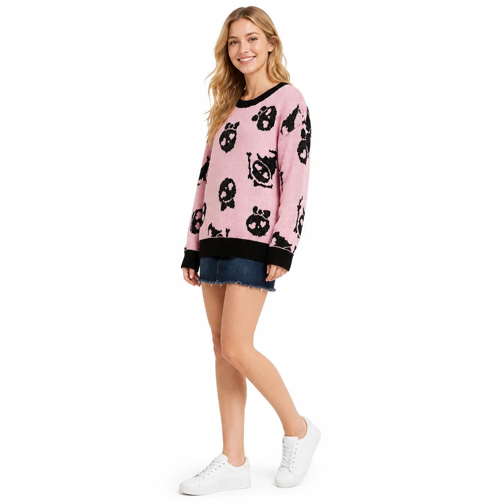 Spooky Women Pink Skull Halloween Sweater Pullover Knit Autumn Winter Crew Neck Long