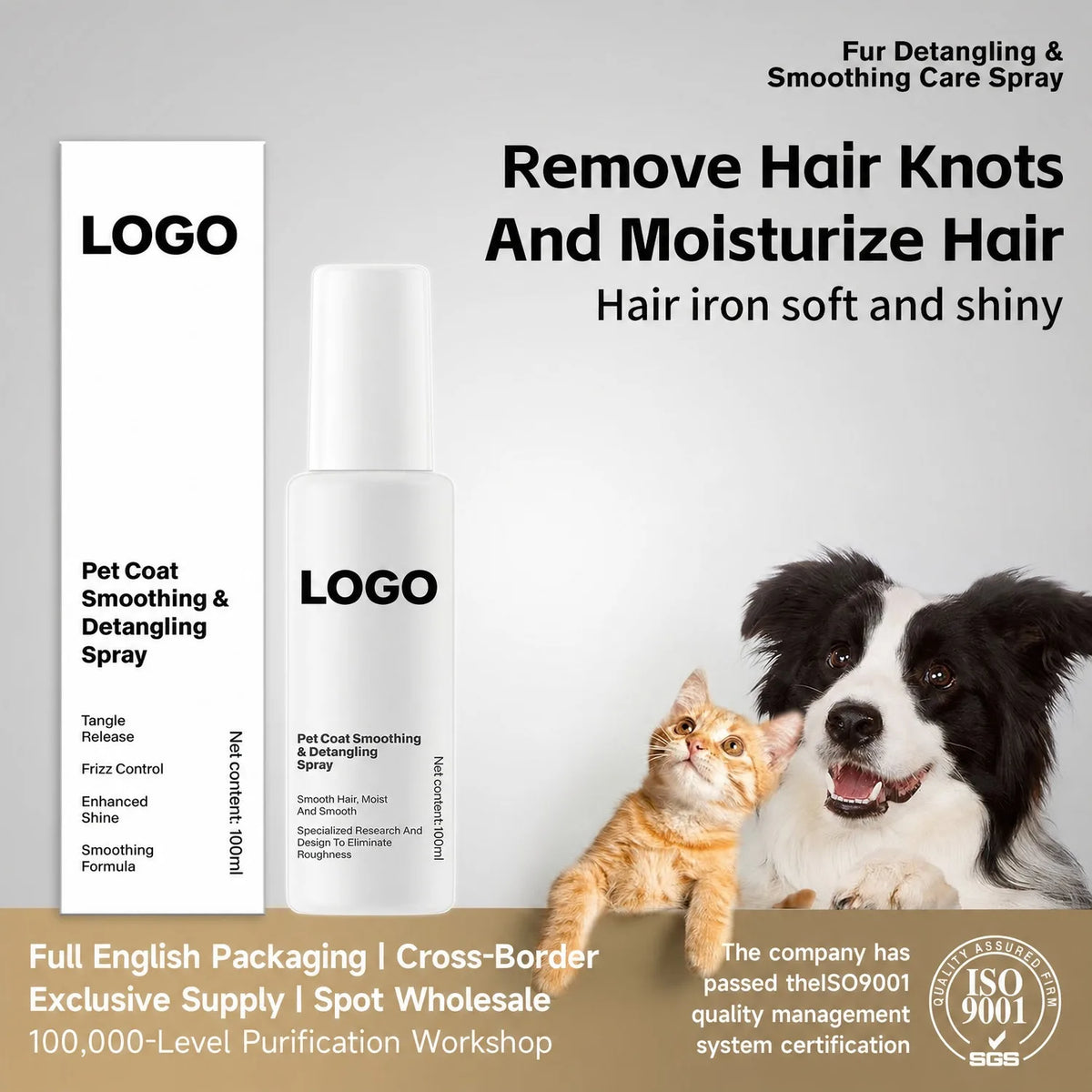 Pet Detangling Leave-In Detangler Spray Cat Hair Anti-Static Anti-Knot No-Rinse Pet