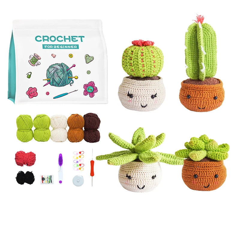 Handmade DIY Crochet Kit for Beginners Cross Yarn Knitting Wool Material Potted Flowers