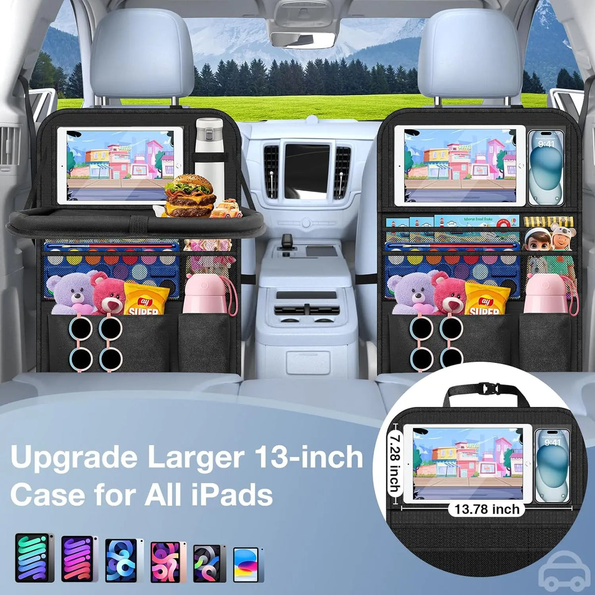 Car Backseat Organizer 9 Storage Pockets Tablet Holder Kick Mats Seat Protector Essential