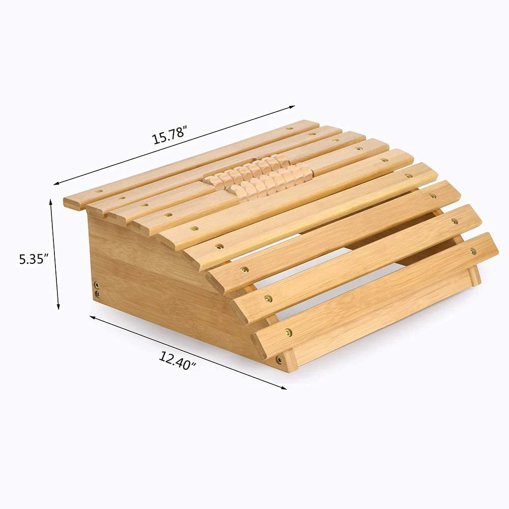 Ergonomic Bamboo Footrest Foot Stool Under Desk Footrest with Massager Rollers for Office