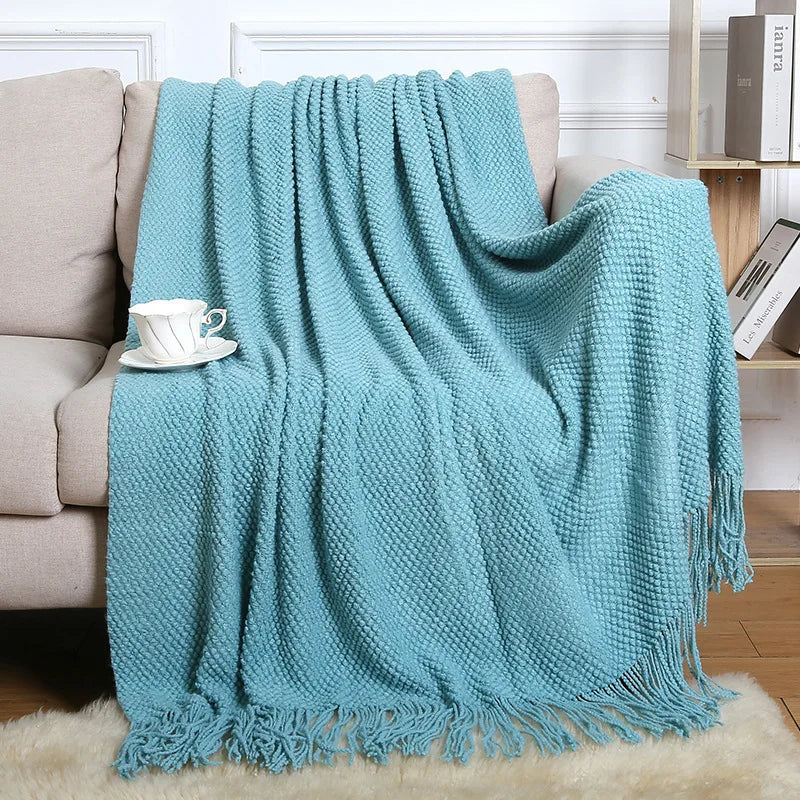 Chunky Knitted Blanket Sofa Throw Blanket With Tassels Weighted Blanket for Winter