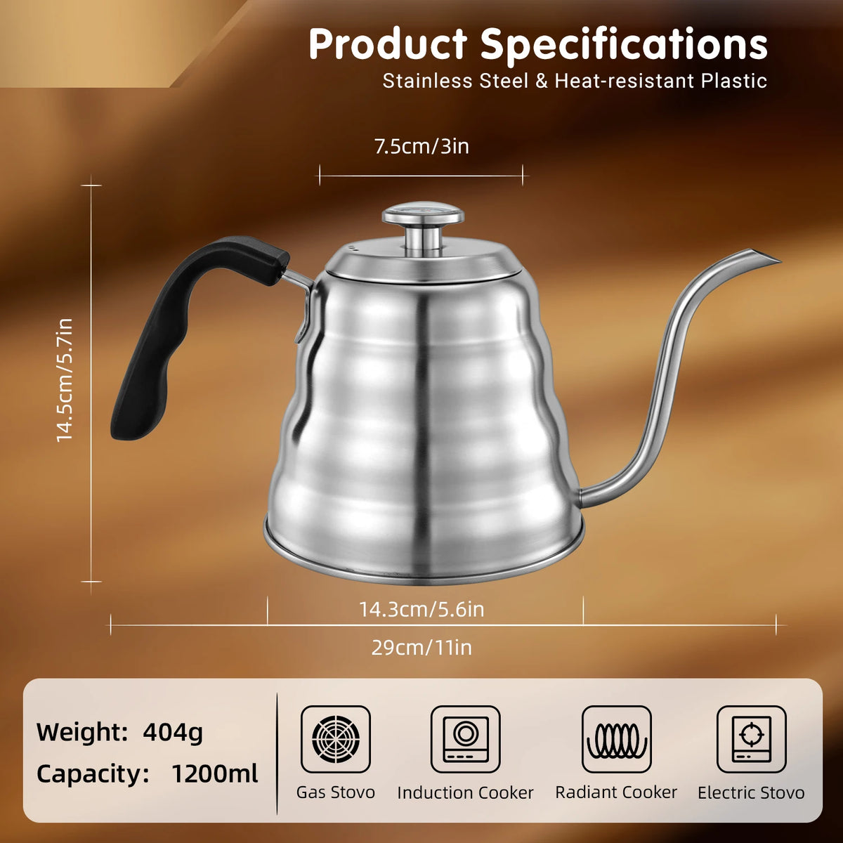 1200ml 304 Stainless Steel Gooseneck Pour Over Coffee Kettle with Built Thermometer