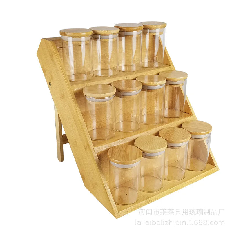 Square Spice Bottle Set Glass Jar with Bamboo Lid for Kitchen Storage Spice Container