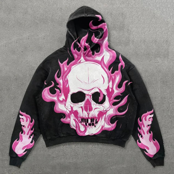 Custom Streetwear Skeleton Fire Print Vintage Washed Men'S Hoodies Sweatshirts Gothic