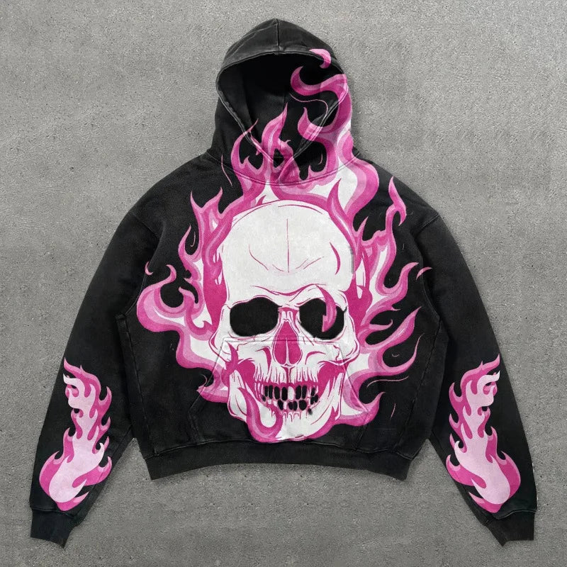 Custom Streetwear Skeleton Fire Print Vintage Washed Men'S Hoodies Sweatshirts Gothic