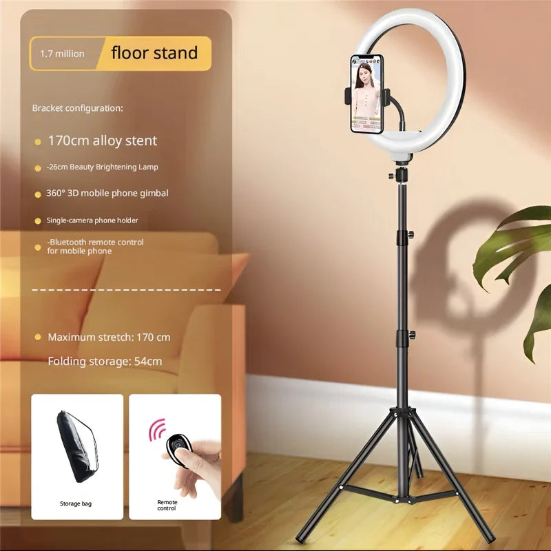 Portable Foldable Ring Light Stand with Phone Holder, Dimmable Live Stream Tripod