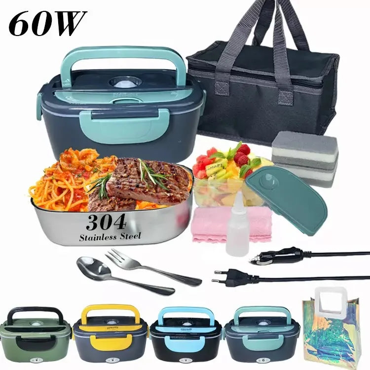 Stainless Steel Double Layer Food Heater Car and Home Use Electric Lunch Box With Handbag