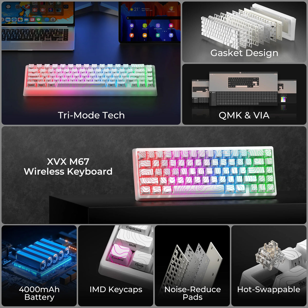 M67 JadeStone Mechanical Keyboard 65% Wireless 2.4G/USB-C Tri-Mode Hot Swappable Portable
