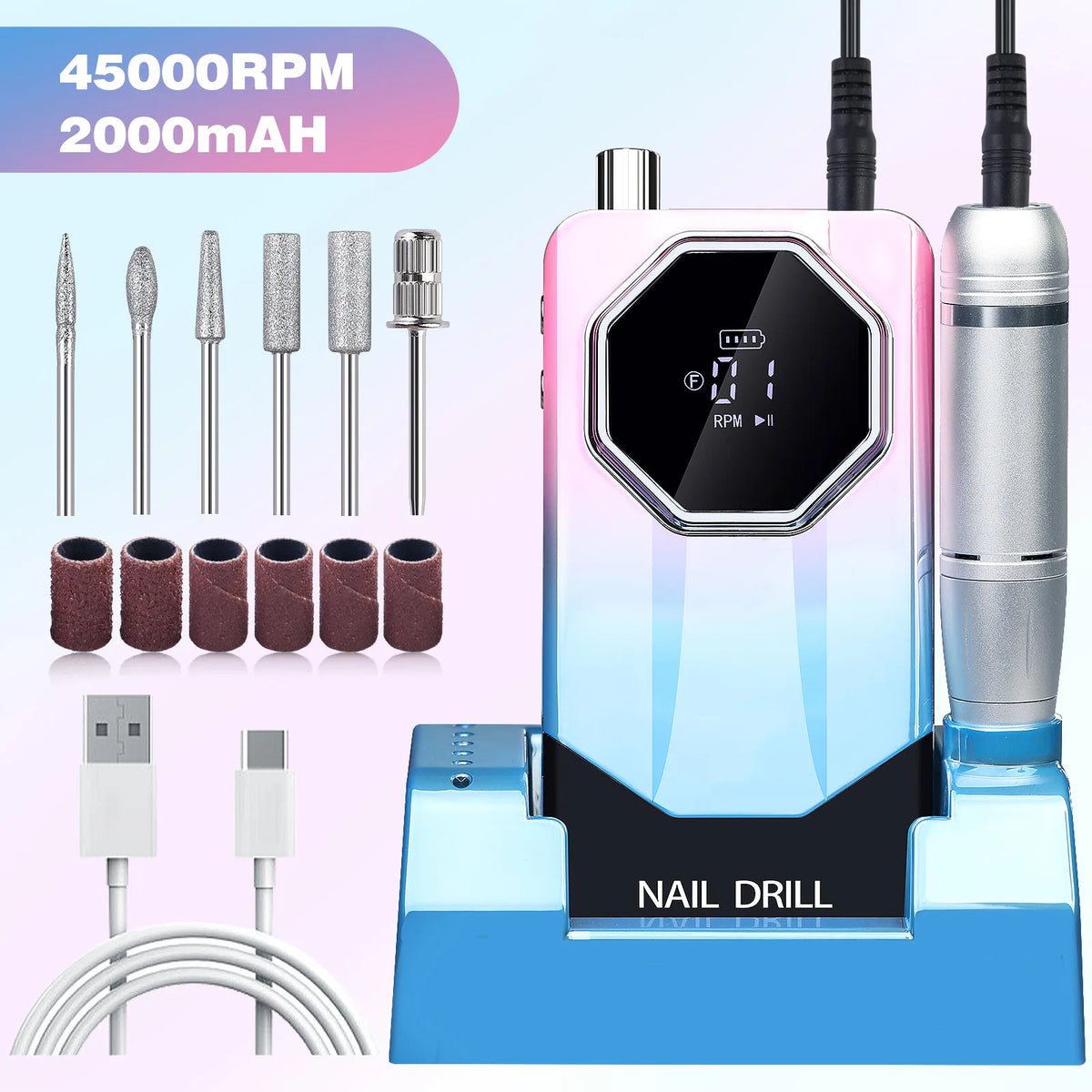 Rechargeable Portable Electric Nail Drill Machine 45000RPM Professional Nail Polisher