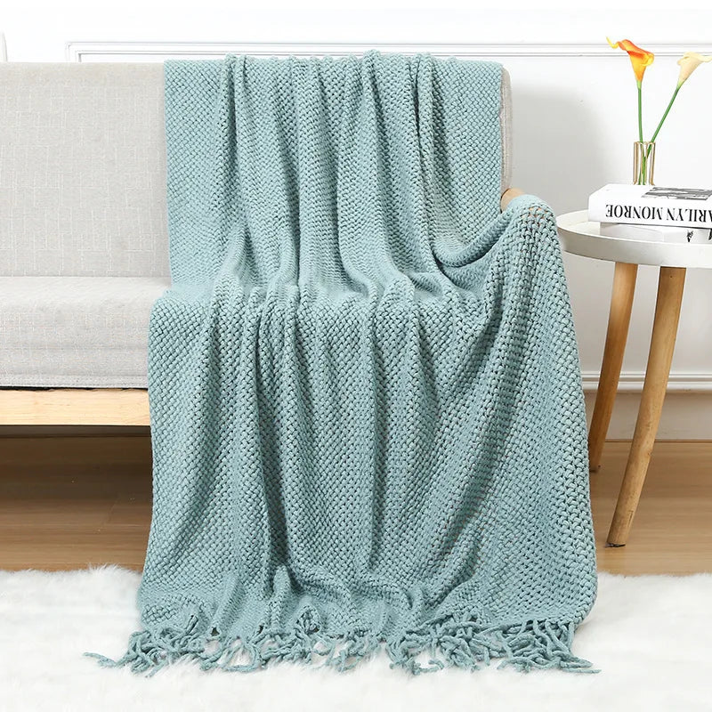 Chunky Knitted Blanket Sofa Throw Blanket With Tassels Weighted Blanket for Winter