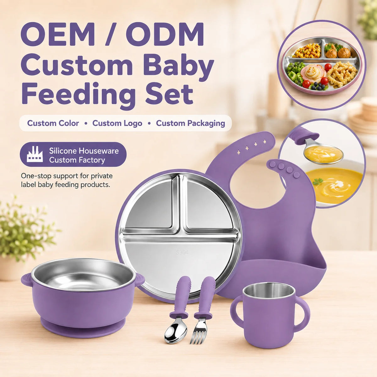 Children'S New Silicone & Stainless Steel Baby Toddler Feeding Cutlery Set 6 in 1 BPA