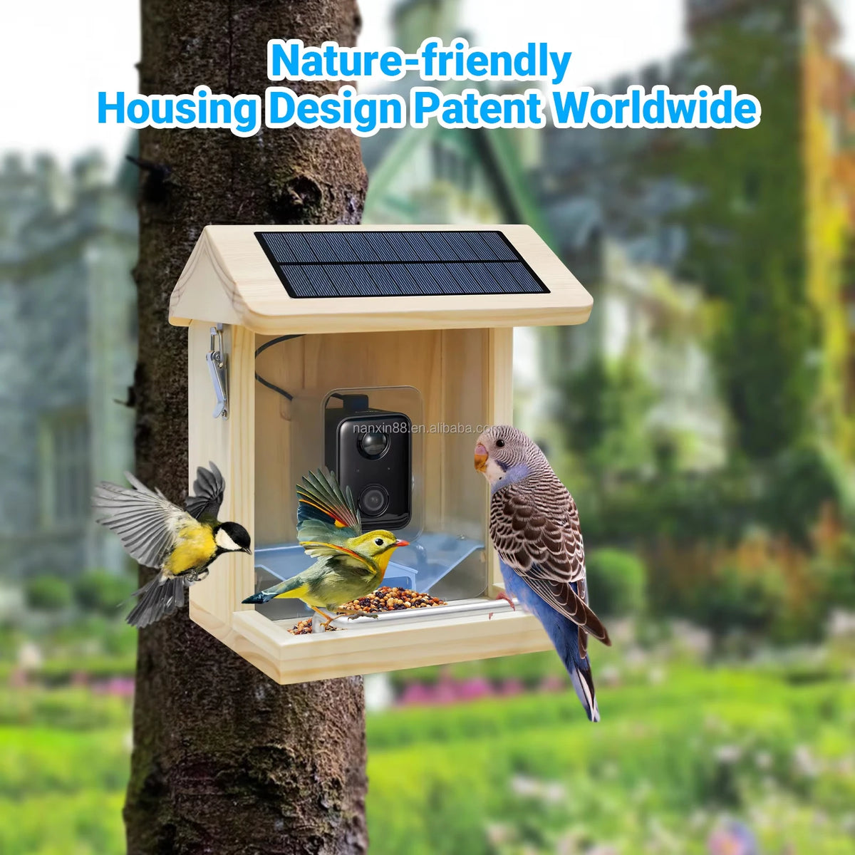 Smart Wooden Bird Feeder with Camera Waterproof Bird Camera with Solar Panel AI