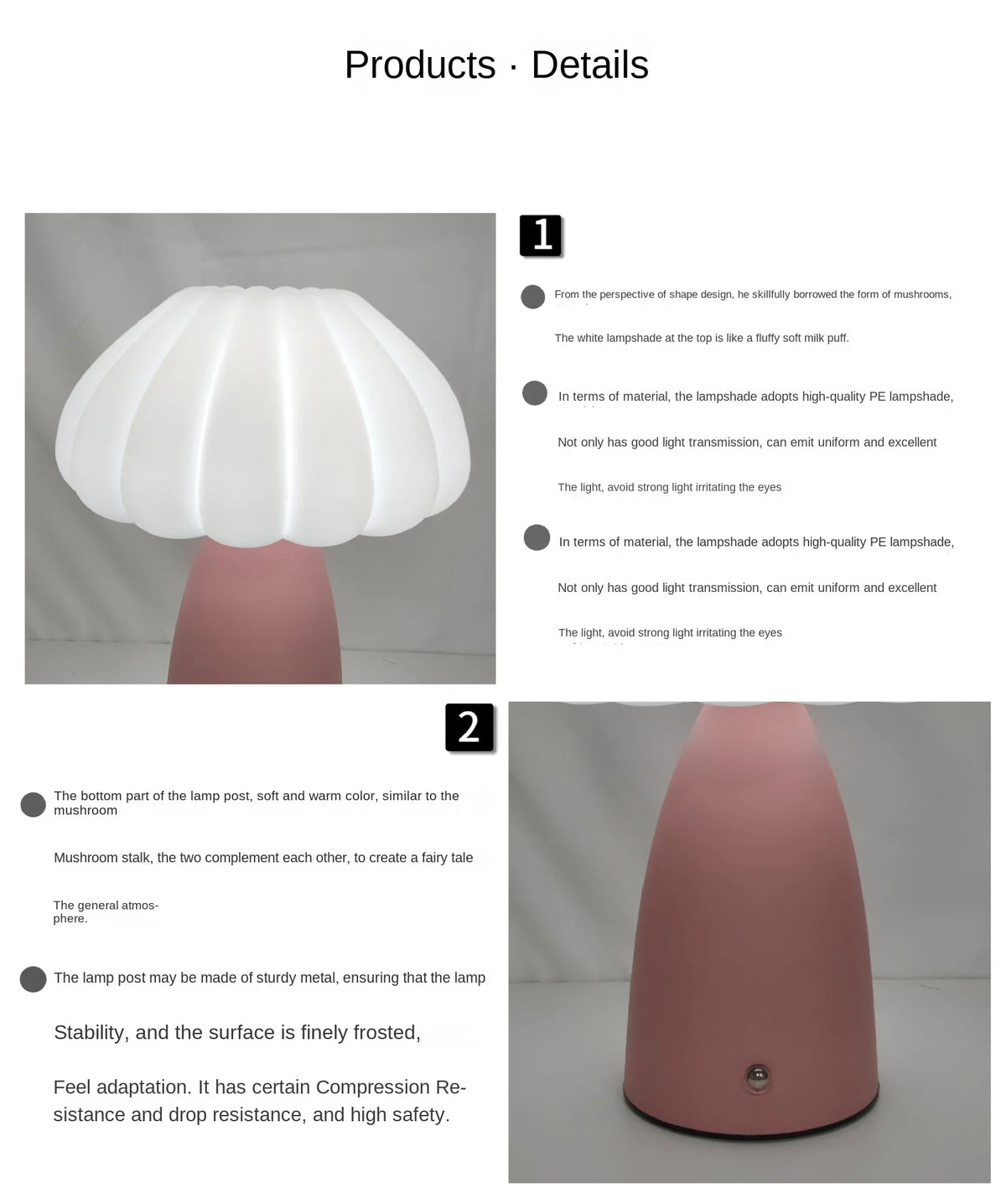 Modern Cream Mushroom Design Battery Operated DC LED Bedside Table Lamp with Metal Body