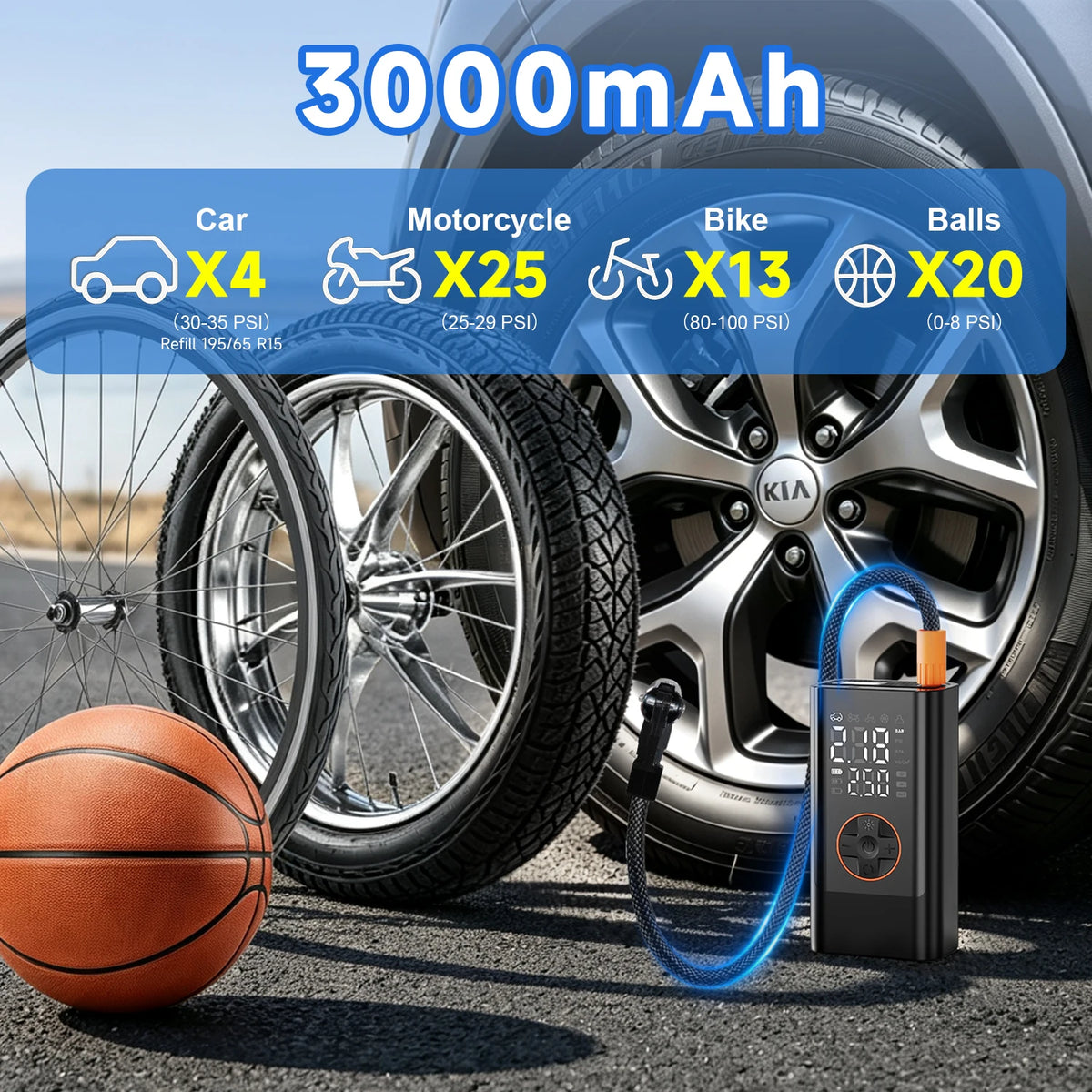 3000mAh Wireless Air Pump Tire Inflator 19mm Cylinder 150 PSI Digital Display Auto Stop