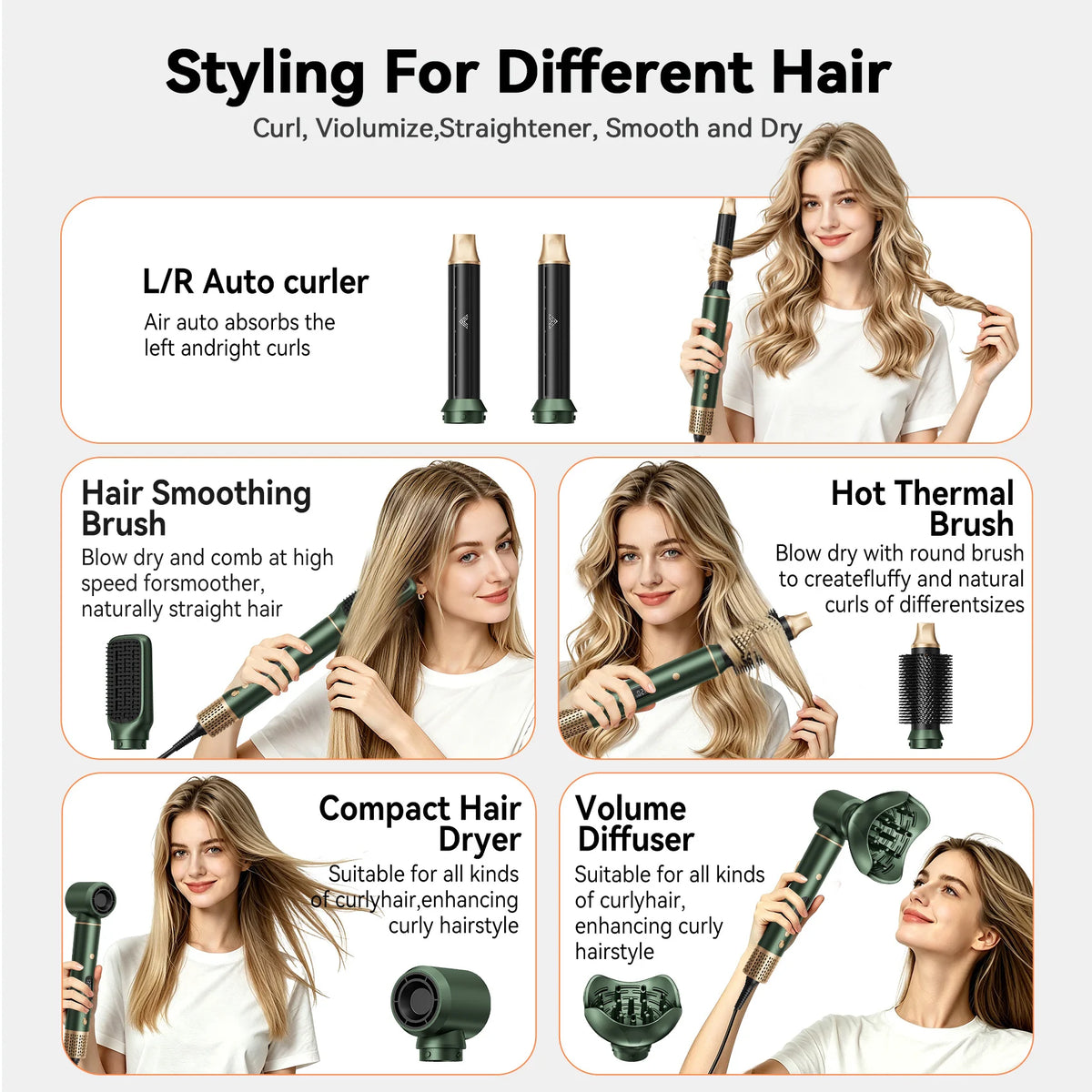 6 in 1 Air Styler Dual Voltage High Speed Blow Dryer Professional Ionic Hot Air Brush One