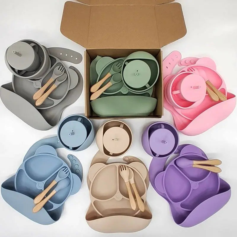 Children'S Silicone Baby Feeding Set BPA Free Toddler Dinnerware Includes Bib Plate Bowl