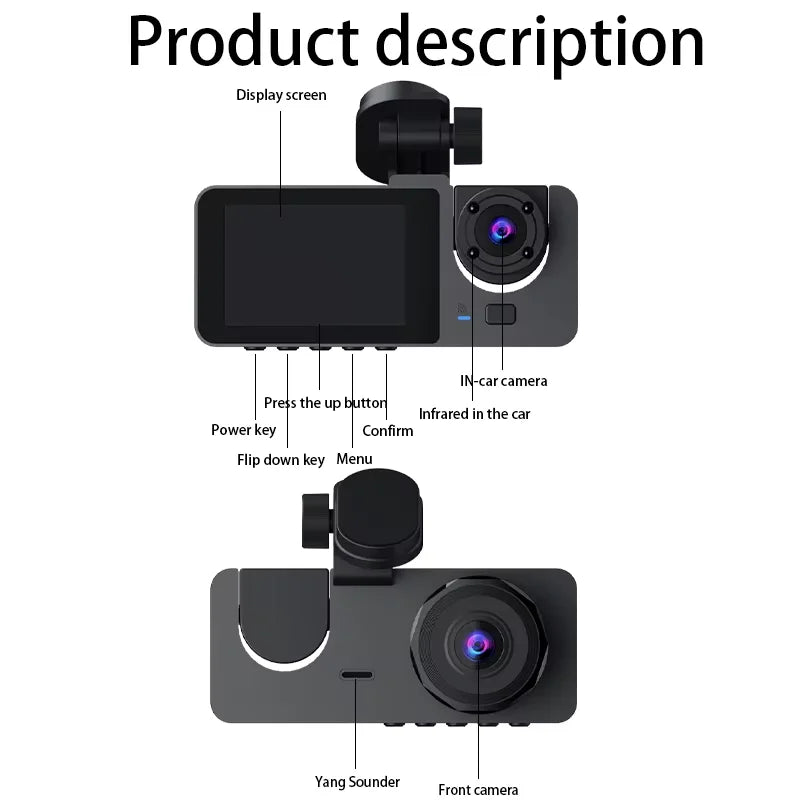 Three Lens 1080p HD Dash Cam with TF Card Recording Loop Front/Rear & Rear View Video