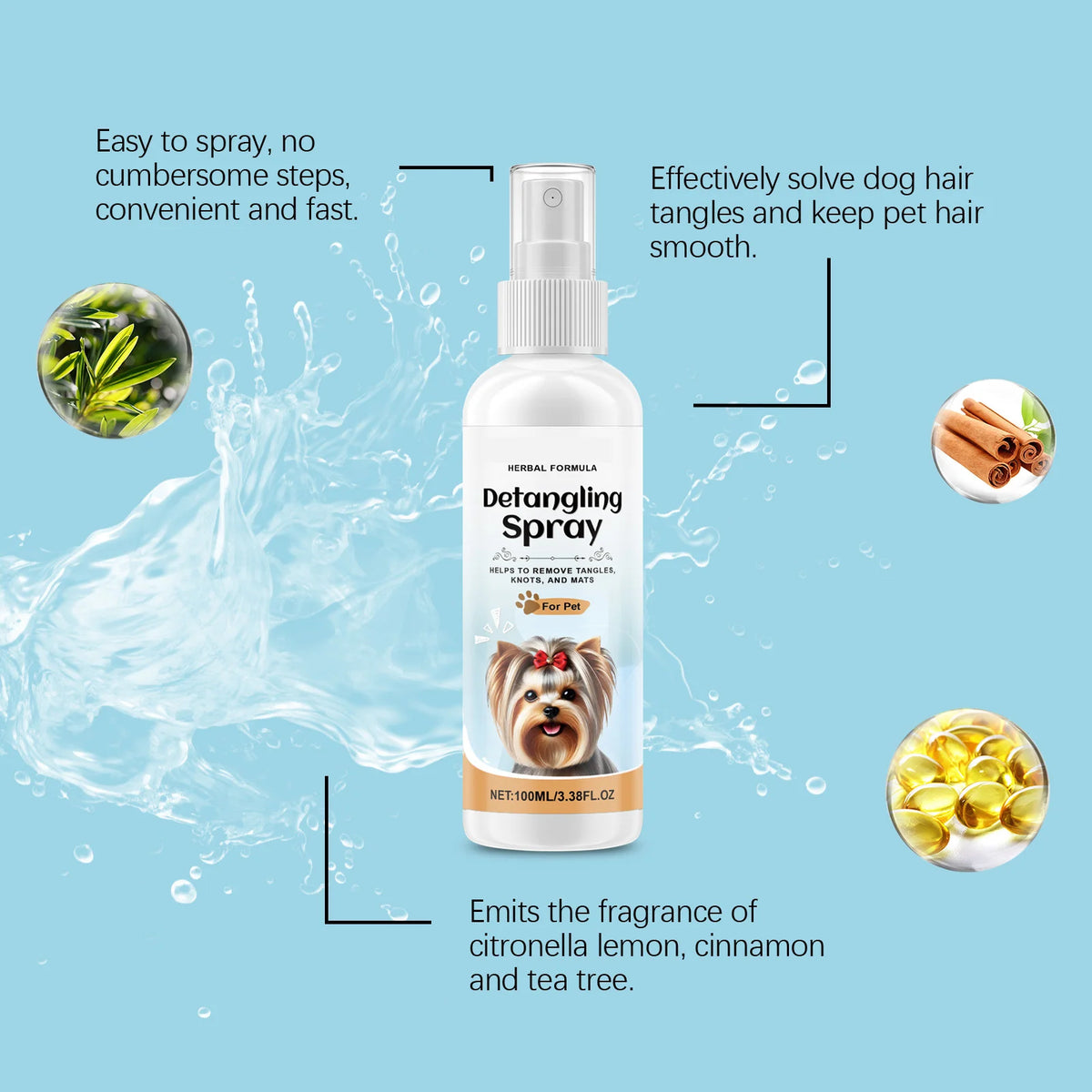 100ml Pet Hair Care Spray Long-Lasting Fluffy Nourishing No Static Combing Smooth Hair