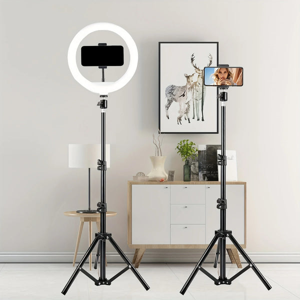 Dimmable Bi-Color 10" Plastic Mini LED Ring Light Dual Phone Holders Tripod Stand