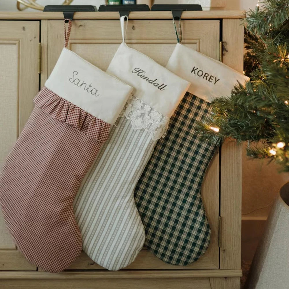 Custom Gingham Cotton Christmas Stocking With Personalized Name Embroidery for Family