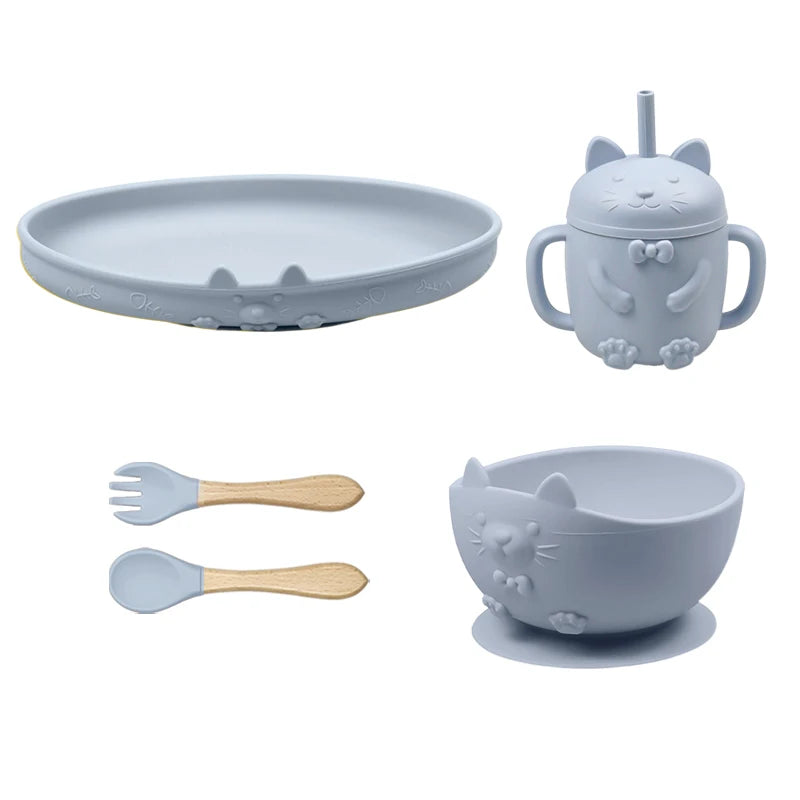 Food Grade Silicone Baby Feeding Set With Cup Bowl Plate Bib Spoon and Fork Easy Clean