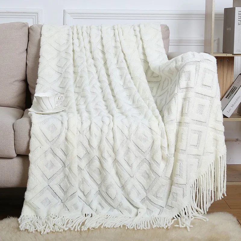 Chunky Knitted Blanket Sofa Throw Blanket With Tassels Weighted Blanket for Winter