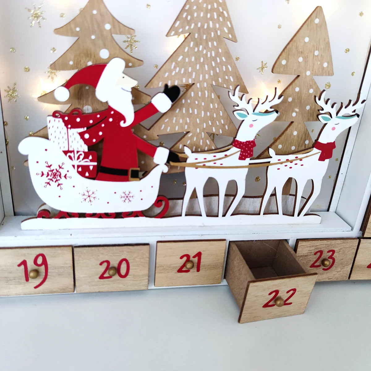 Handcrafted Wooden Christmas Countdown Advent Calendar Box LED Lighting Santa Reindeer