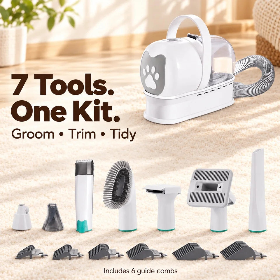 7 in 1 Pet Grooming Vacuum Kit with 1L Dust Cup and 1.5m Hose Dog and Cat Hair Trimmer