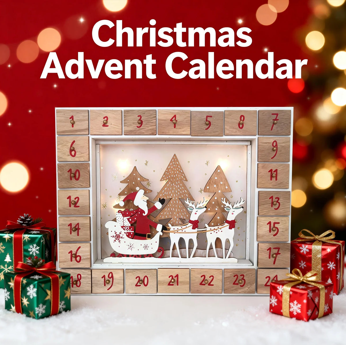 Handcrafted Wooden Christmas Countdown Advent Calendar Box LED Lighting Santa Reindeer