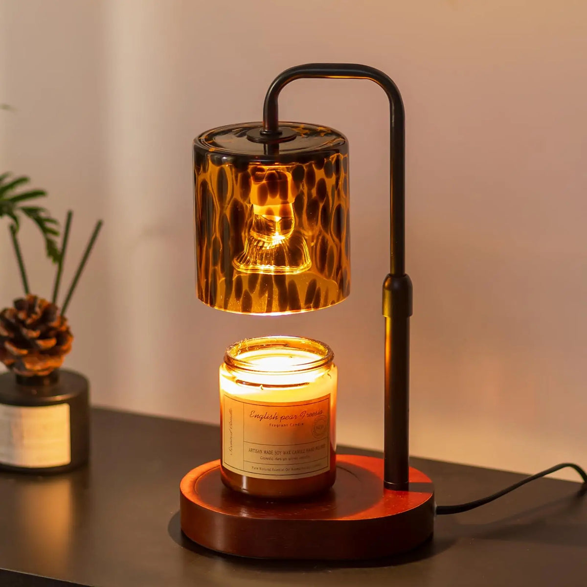 Tortoise Shell Glass Candle Warmer Lamp with Timer Dimmer Leopard Print Shade Adjustable