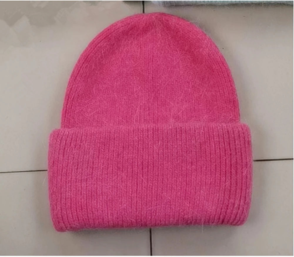 Knit Beanie Hat Real Angora Rabbit Fur Slouchy Skull Cap Winter Warm Stocking Hats