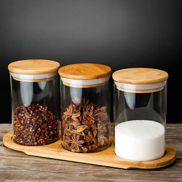 450ml 4 Pack Glass Food Grade Clear Glass Spice Bottle Canister with Airtight Bamboo Lid