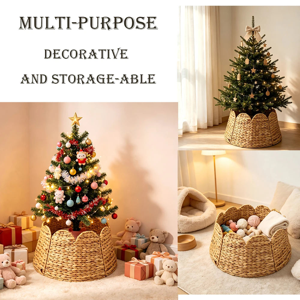 Handwoven Water Hyacinth Christmas Tree Collar Foldable Scalloped Flower Edge Woven