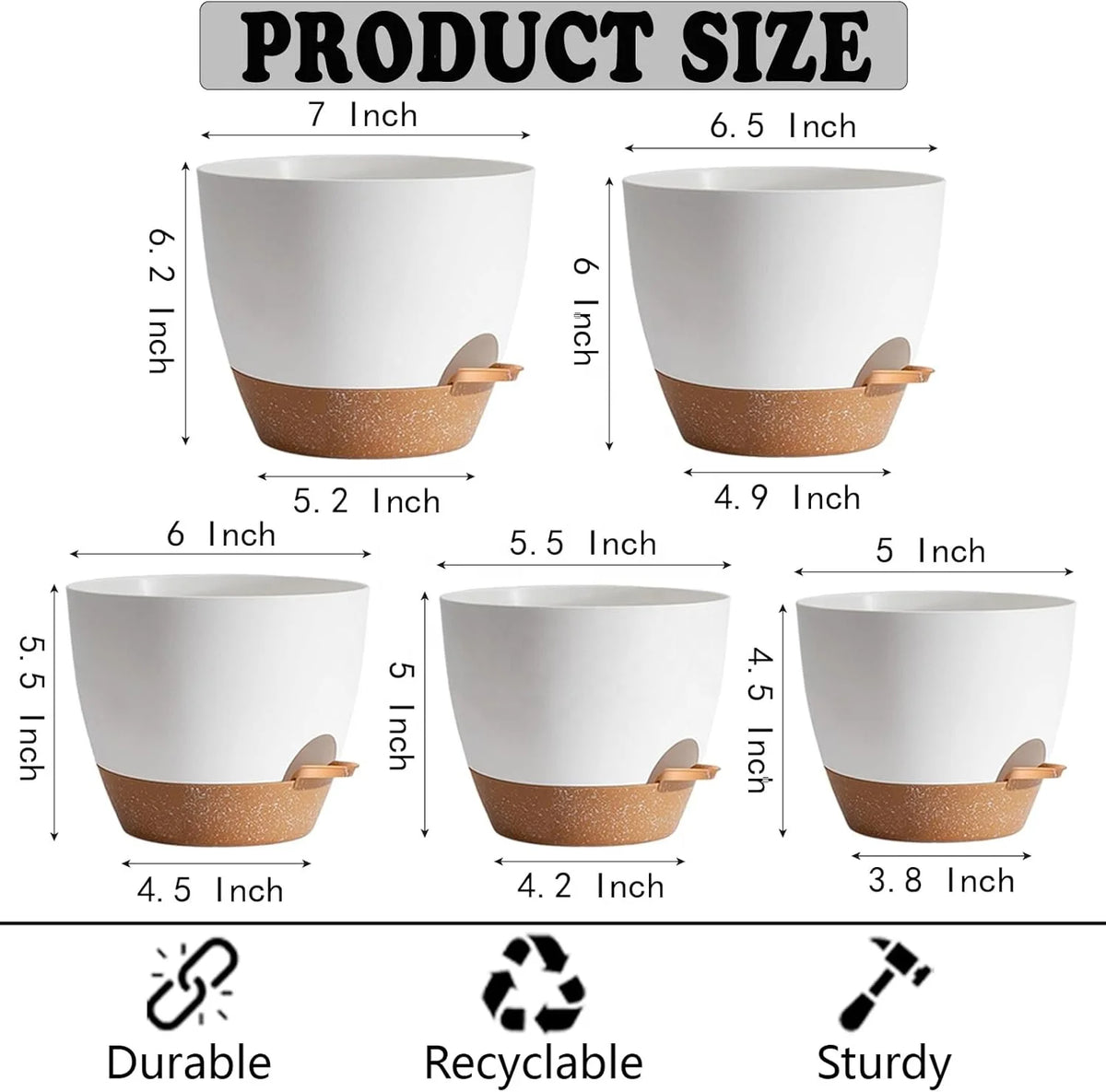 5 Pack Eco-Friendly Self-Watering Plastic Flower Pots with Drainage Holes for Home Garden