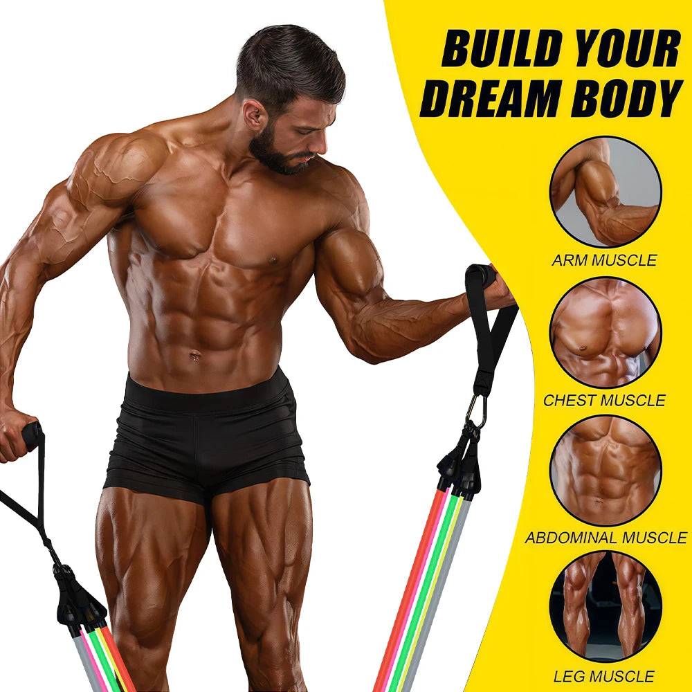 Latex Resistance Band Set 12 Piece 10-50 Lbs Full Body Strength Training Home Gym