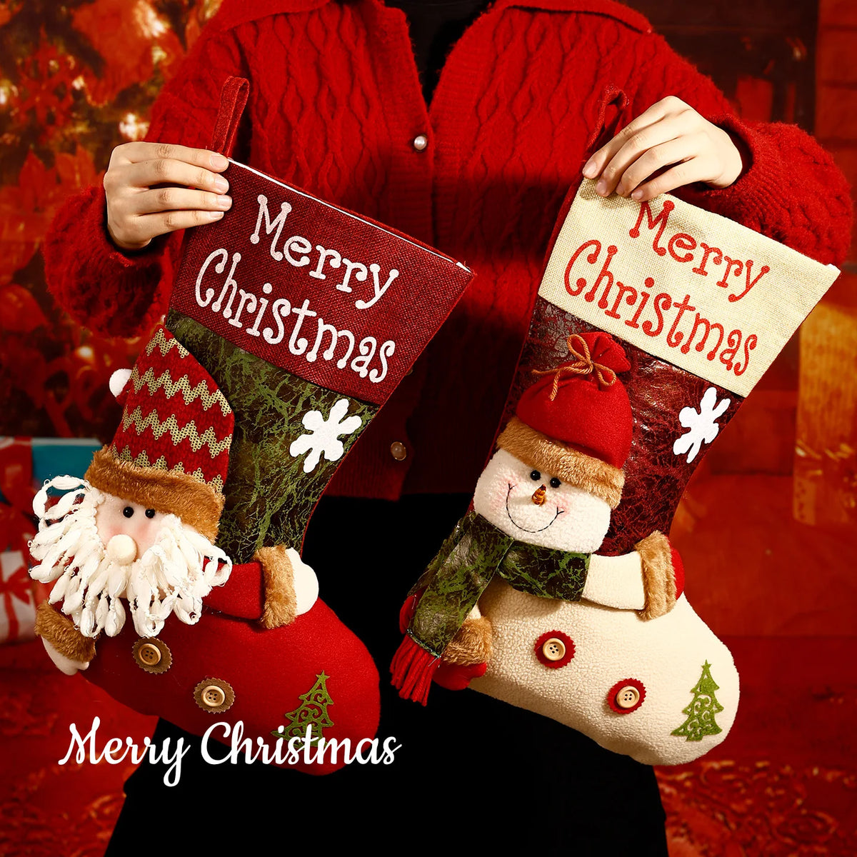 Christmas Stocking Embroidered Merry Christmas, 3D Character Decoration Holiday Stocking,