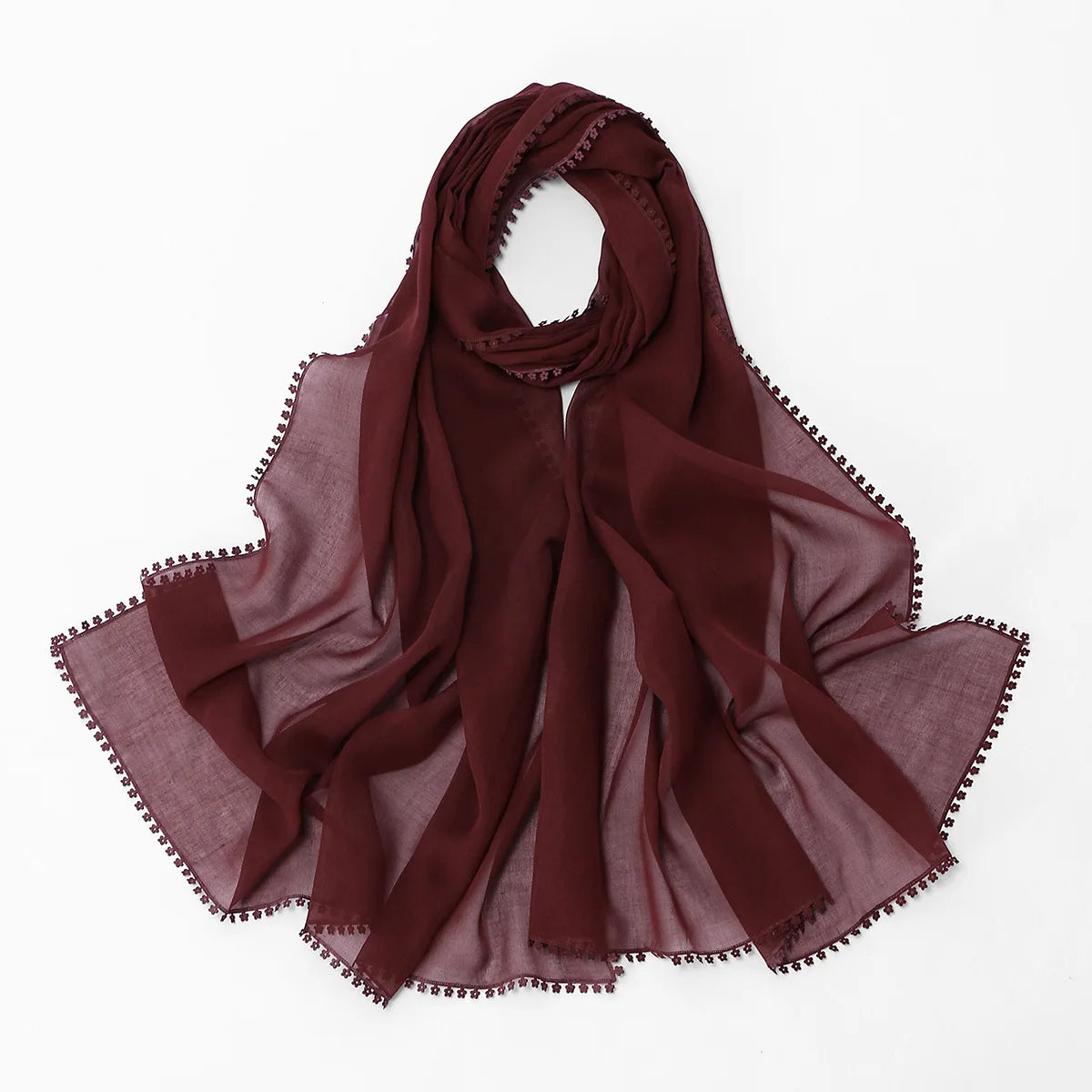 Womens Long Premium Plain Voile Hijab Delicate Lace Made Sheer Fabric Tudung Solid-Color