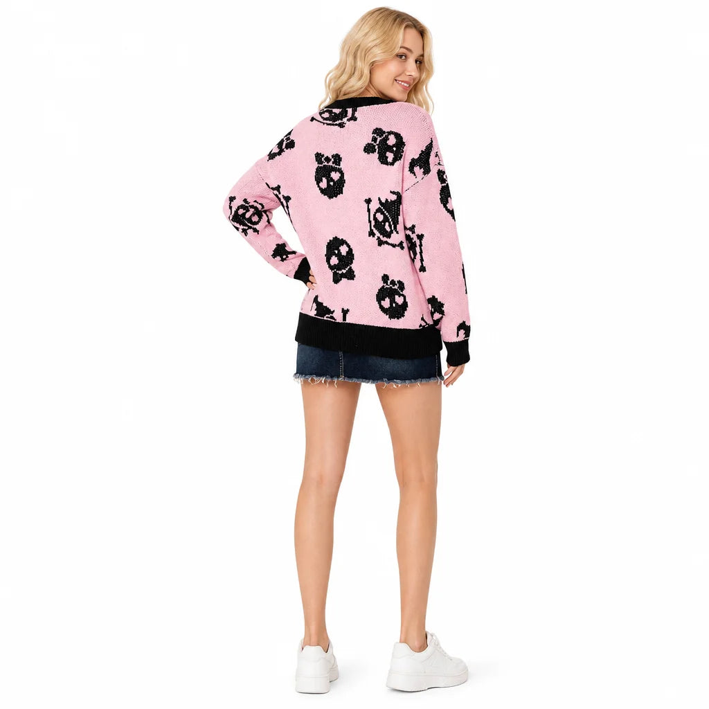 Spooky Women Pink Skull Halloween Sweater Pullover Knit Autumn Winter Crew Neck Long