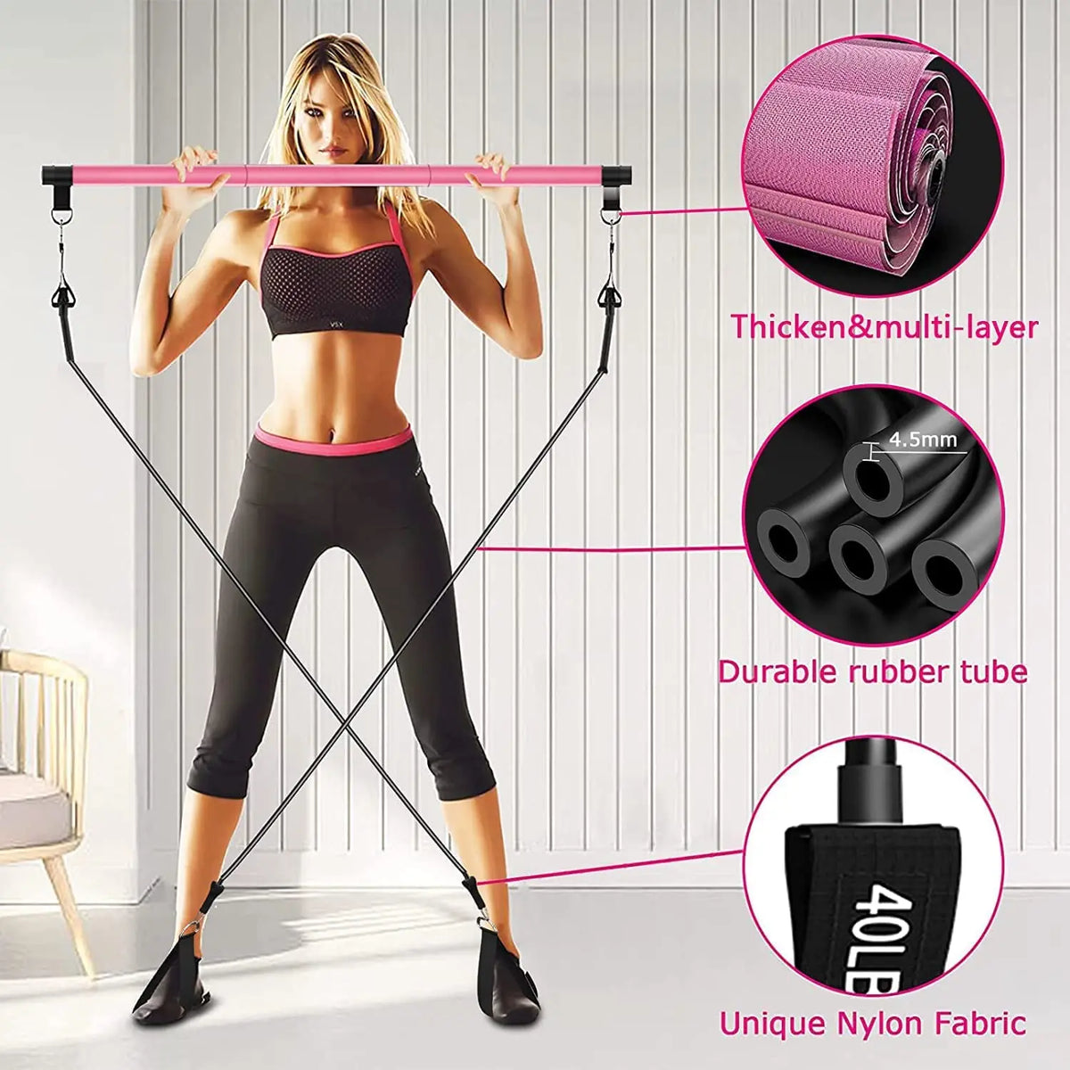 Home Portable 3 Sections Pilates Bar Kit with Resistance Bands for Men and Women Home Gym