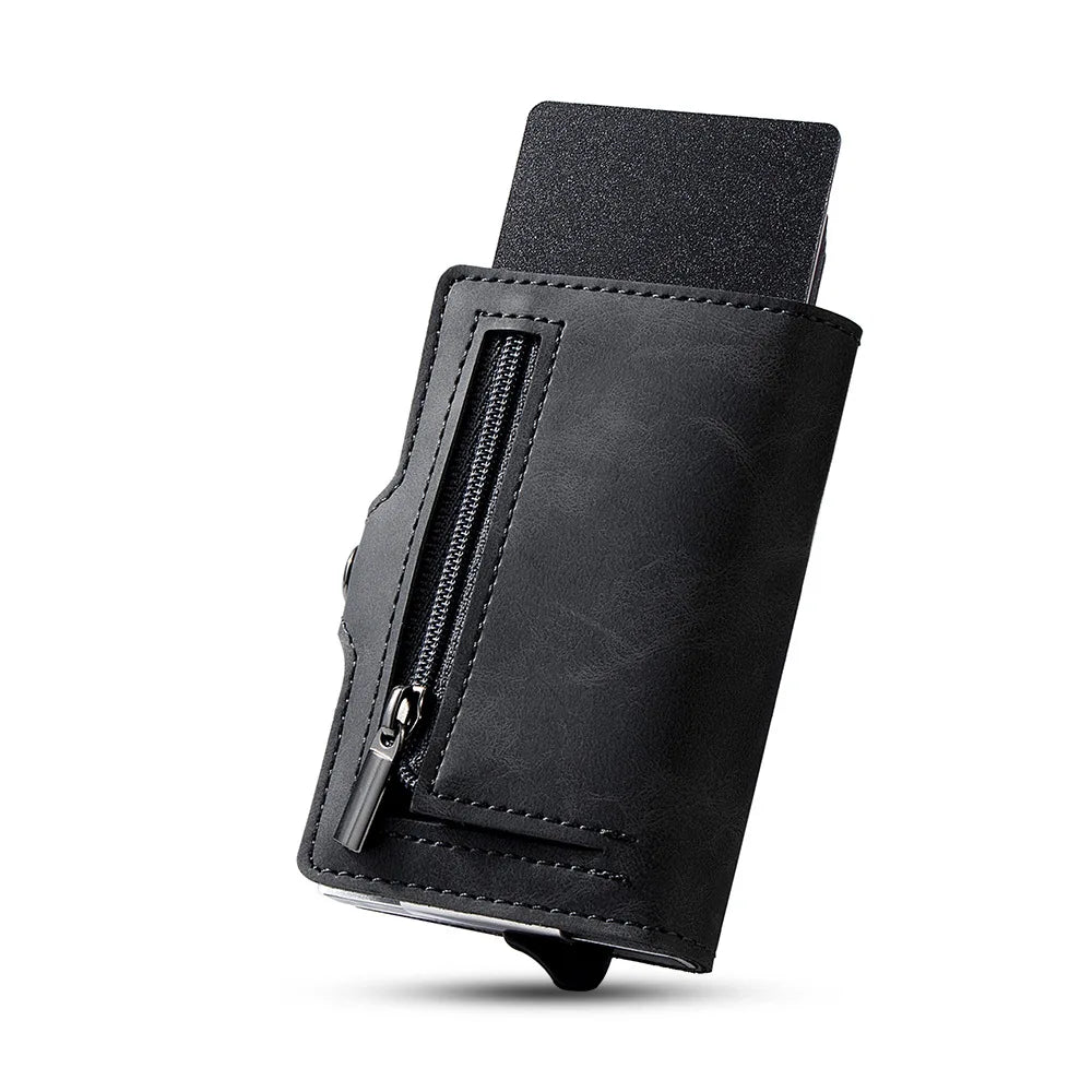 Aluminum Pop Up Card Holder Men PU Leather Minimalist Wallet with Zipper Pocket Credit