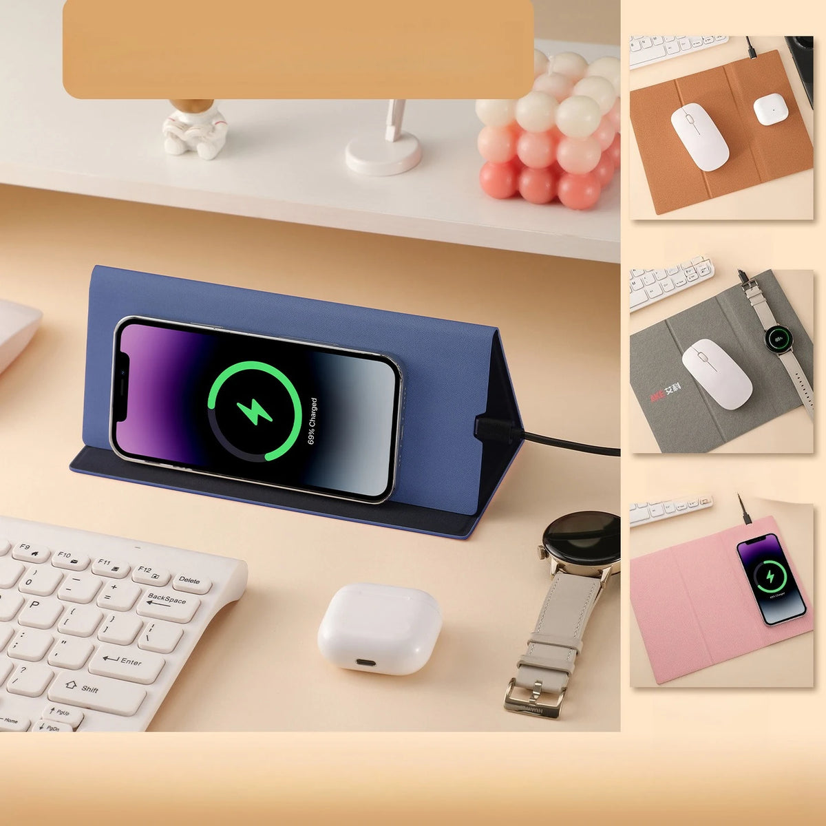 15W Fast Wireless Charging Mouse Pad, Small PU Leather Non-Slip Desk Mat with for Office