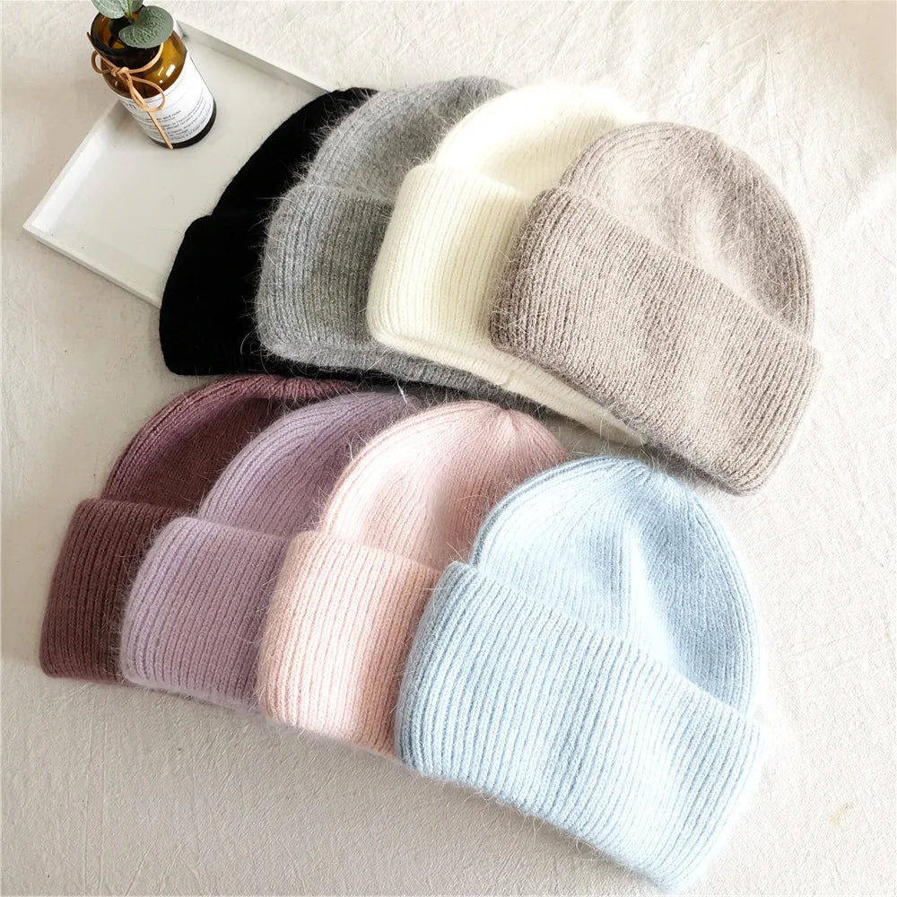 Knit Beanie Hat Real Angora Rabbit Fur Slouchy Skull Cap Winter Warm Stocking Hats