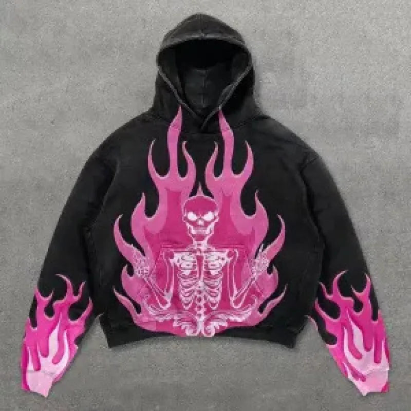 Custom Streetwear Skeleton Fire Print Vintage Washed Men'S Hoodies Sweatshirts Gothic
