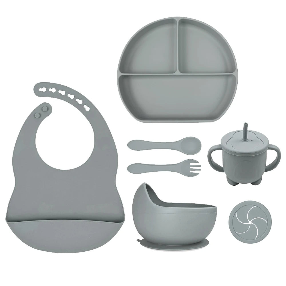 8pc Bebe Silicone Feeding Set Toddler Weaning Set Suction Bottom Infant Dining Tableware