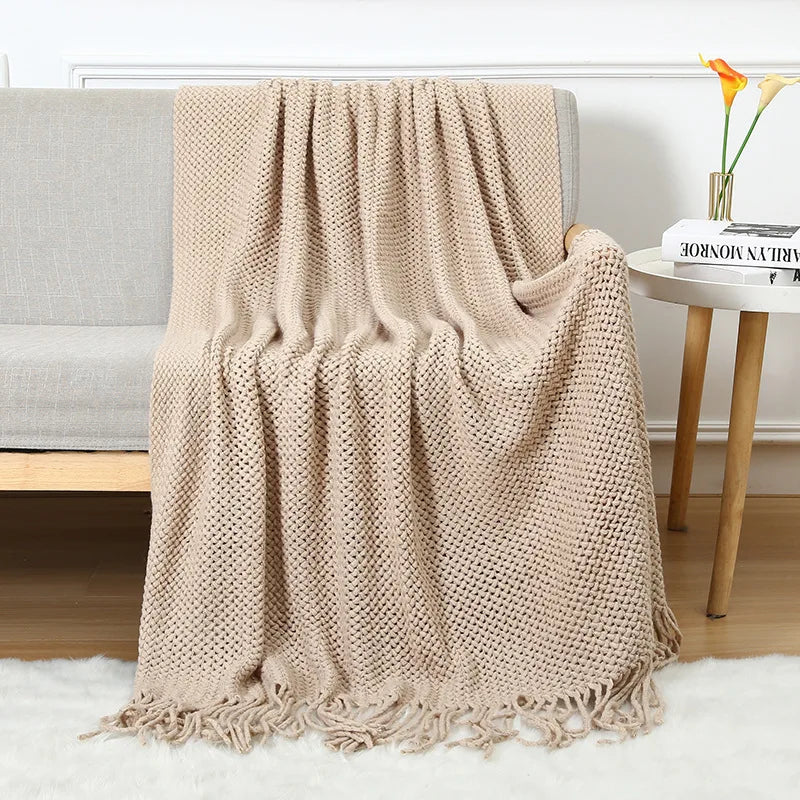 Chunky Knitted Blanket Sofa Throw Blanket With Tassels Weighted Blanket for Winter