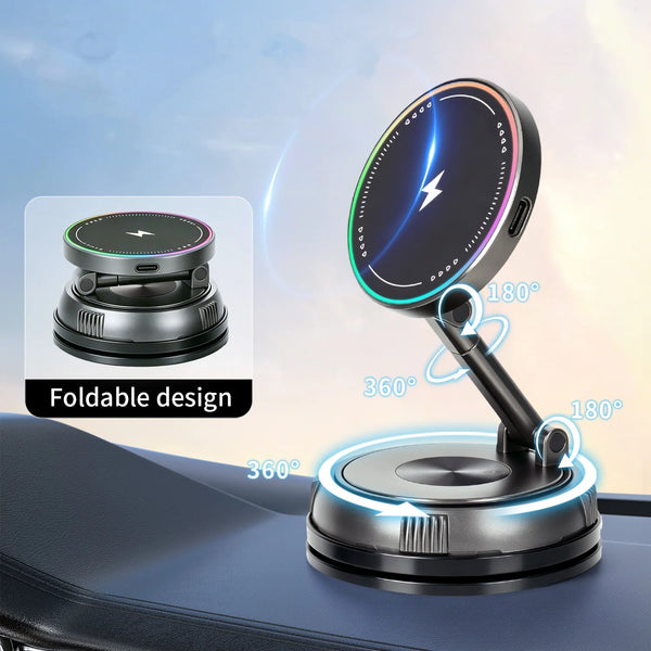 15W Magnetic Car Phone Holder 360-Degree Rotation Wireless Charger Vacuum Suction Cup