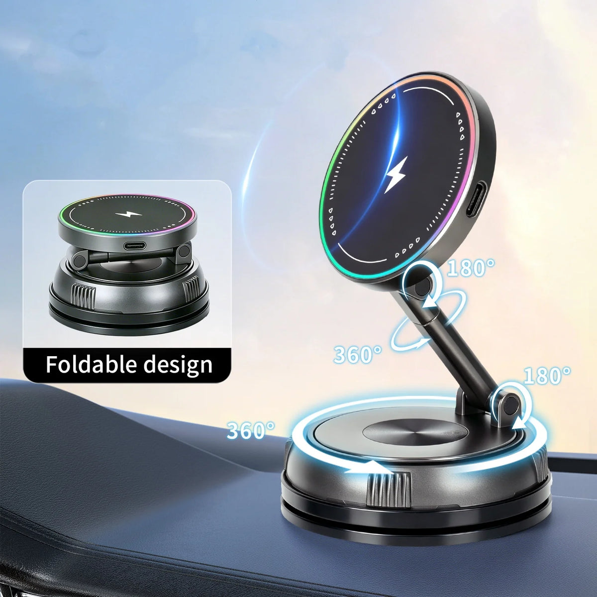 15W Magnetic Car Phone Holder 360-Degree Rotation Wireless Charger Vacuum Suction Cup
