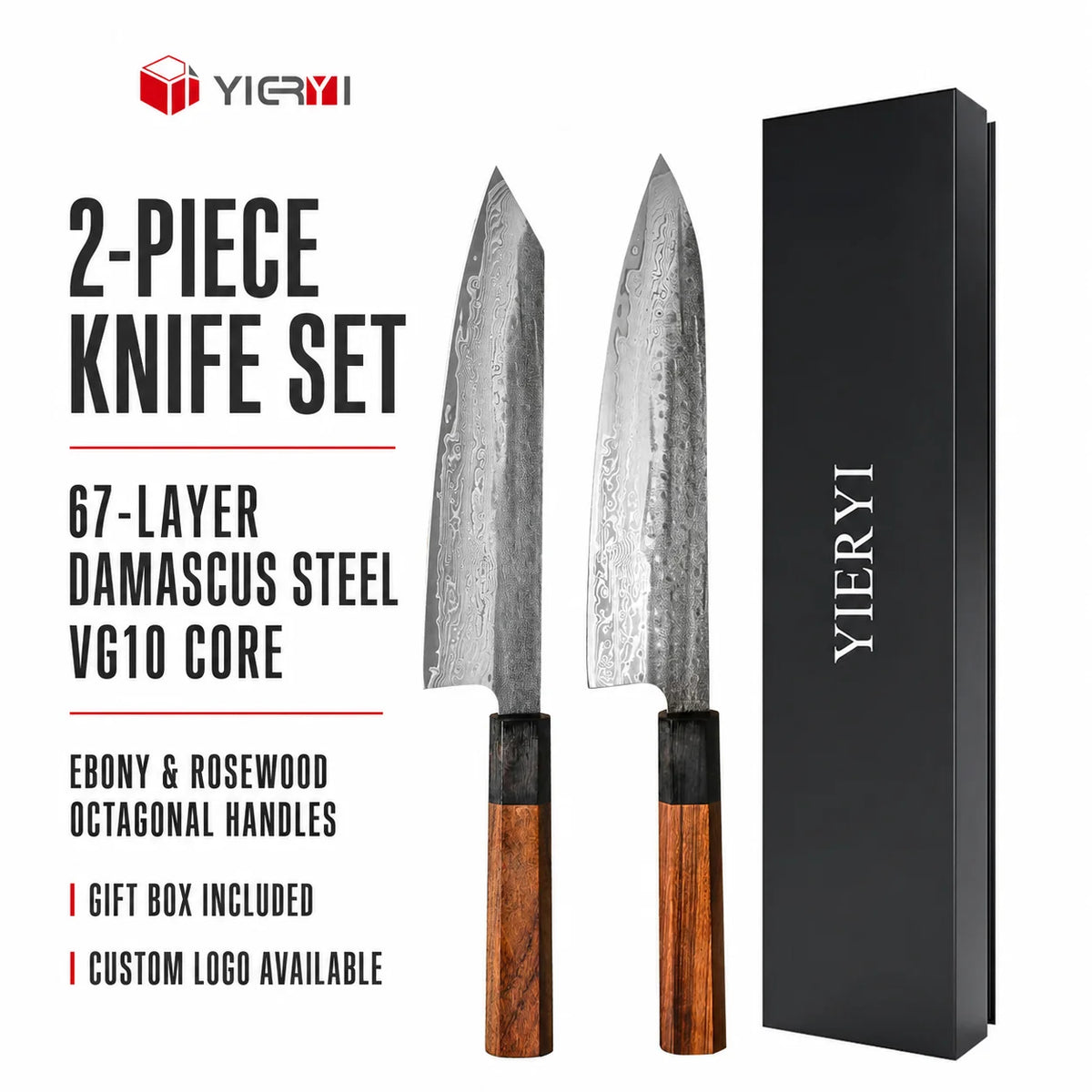 Professional Japanese Style Damascus Steel Kiritsuke Chef Knife Set 2-Piece Kitchen Tools