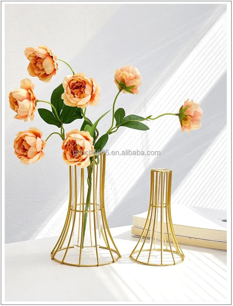 Glass Metal Gold Hydroponic Flower Glass Vase Plant Propagation Station With Tray